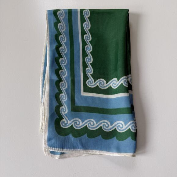 Vintage Green Blue Wave Border Oblong Scarf 41” Maximalist‎ Mod Print No Tag - Picture 7 of 10